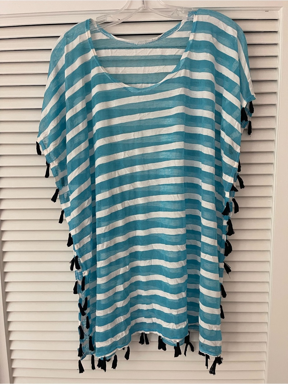 Striped Blue & White Women’s Swim Cover-Up with Tassel Trim